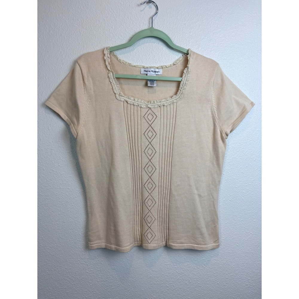 Rena Rowan Women XL Beige Knit Top Crochet Lace Pintuck Cottagecore Cotton Y2K
